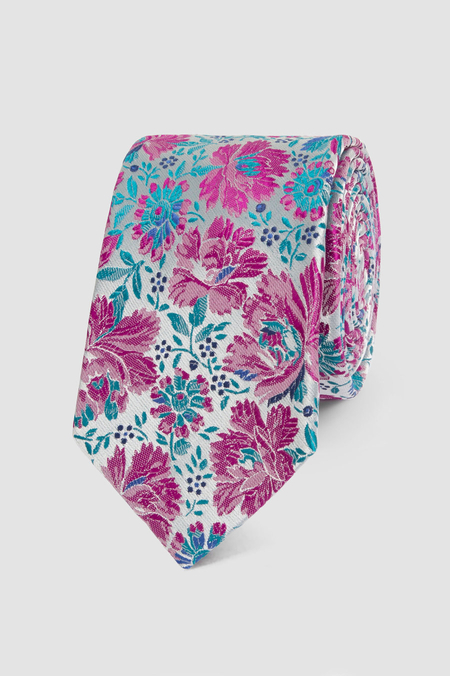 Krawat Srebrny w Różowe Kwiaty