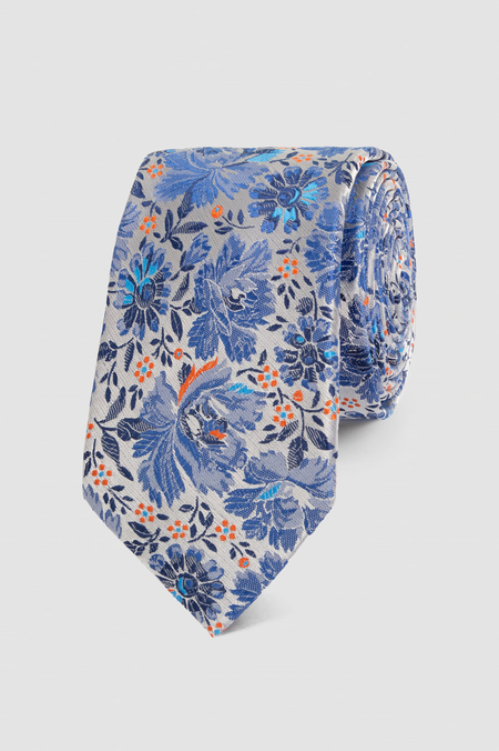 Krawat Srebrny W Niebieskie Kwiaty