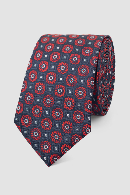 Krawat Granatowy w Czerwone Kwiaty