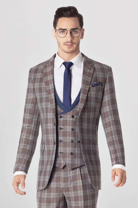 Garnitur Lniany Brązowy w Kratę- Zestaw